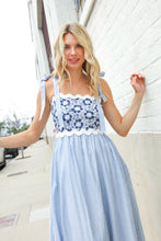 Feeling Femme Blue Floral Netted Yoke Stripe Ric Rack Dress
