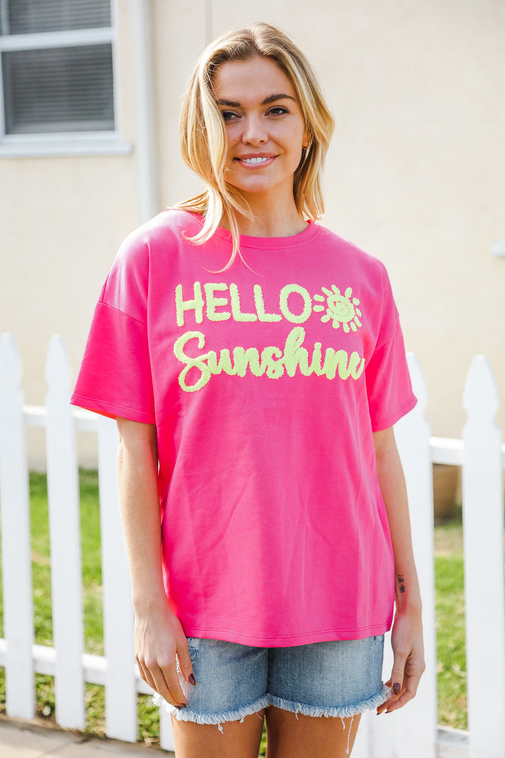 Hello Sunshine Pink/Yellow Embroidered French Terry Pullover