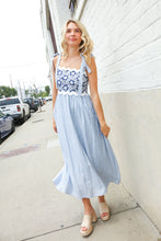 Feeling Femme Blue Floral Netted Yoke Stripe Ric Rack Dress