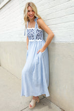 Feeling Femme Blue Floral Netted Yoke Stripe Ric Rack Dress