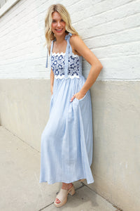 Feeling Femme Blue Floral Netted Yoke Stripe Ric Rack Dress