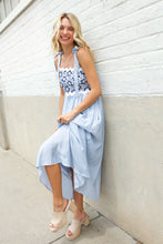 Feeling Femme Blue Floral Netted Yoke Stripe Ric Rack Dress