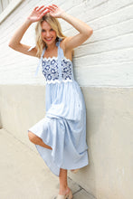 Feeling Femme Blue Floral Netted Yoke Stripe Ric Rack Dress
