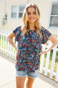 Navy Boho Print Tie Neck Raglan Top