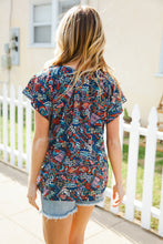 Navy Boho Print Tie Neck Raglan Top