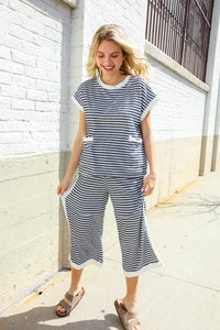 Casual Chic Navy/White Stripe Dolman Short Sleeve Terry Top
