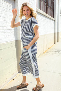 Casual Chic Navy/White Stripe Dolman Short Sleeve Terry Top