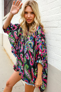 Find Love Back Paisley Print Button-Down Dolman Sleeve Blouse