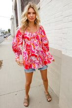 All For You Red Silky Floral Print Sweetheart Neck Long Sleeve Blouse