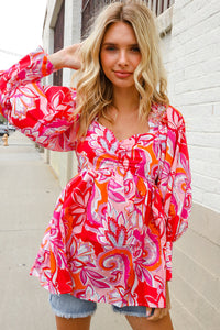 All For You Red Silky Floral Print Sweetheart Neck Long Sleeve Blouse