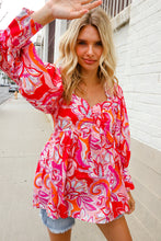 All For You Red Silky Floral Print Sweetheart Neck Long Sleeve Blouse