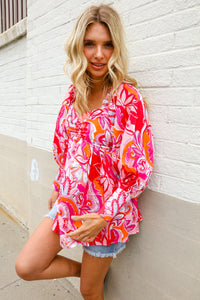 All For You Red Silky Floral Print Sweetheart Neck Long Sleeve Blouse