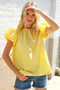Picture Perfect Yellow Cotton Pleated Puff Short Sleeve Blouse