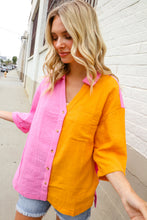 Boldy You Pink & Orange Cotton Color Block Button Down Shirt Top