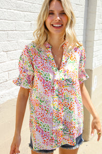 Beautiful You Ivory Notched Neck Floral Smocked Sleeve Top