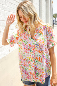 Beautiful You Ivory Notched Neck Floral Smocked Sleeve Top