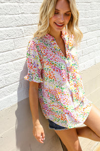 Beautiful You Ivory Notched Neck Floral Smocked Sleeve Top