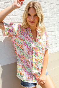 Beautiful You Ivory Notched Neck Floral Smocked Sleeve Top