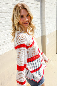 Feeling Patriotic Red Stripe Star Print Crochet Netted Pullover