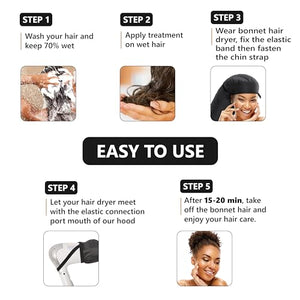 Large Hooded Hair Dryer Bonnet w/Integrated Headband - Reduces Heat Exposure Around Ears & Neck - Enhanced Size for Use with Rollers, Speeds Up Drying Time, Safe Deep Conditioning at Home, Adjustable