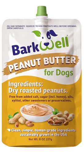 BarkWell Peanut Butter Squeeze - 8oz Pouch All-Natural Dog Peanut Butter, Sourced and Made in The USA Grain Free Dog Treat 100% Natural, Lick mat Topper, Puzzle Toy Fill