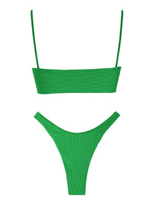 ZAFUL Women's Sexy Tie Spaghetti Strap Bikini Textured O Ring Ruched High Leg Swimsuit Cheeky Bathing Suits (1-Green, S)