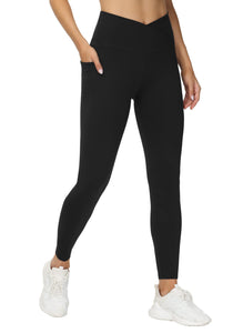 THE GYM PEOPLE Women's V Cross Waist Workout Leggings Tummy Control Running Yoga Pants with Pockets(Black, Medium)