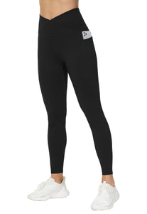 THE GYM PEOPLE Women's V Cross Waist Workout Leggings Tummy Control Running Yoga Pants with Pockets(Black, Medium)