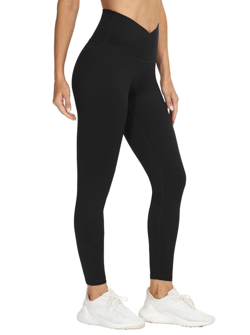 Women's V Cross Waist Yoga Leggings High Waisted Tummy Control Workout Running Pants Black