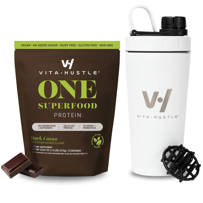 VitaHustle One Superfood Protein + Stainless Steel Shaker Cup (Chocolate & White)