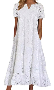 chouyatou Women Summer Ruffle Hem Floral Lace Eyelet Dress Casual Notch Neck Midi Tunic Dress with Pocket (Medium, White)