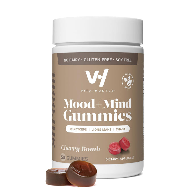 VitaHustle Super Mushroom Mood + Mind Focus Gummies, Lions Mane Mushrooms, Reishi, Chaga, Cordyceps, Vegan, Low Sugar, Non GMO, Cherry Flavor, 50 Count