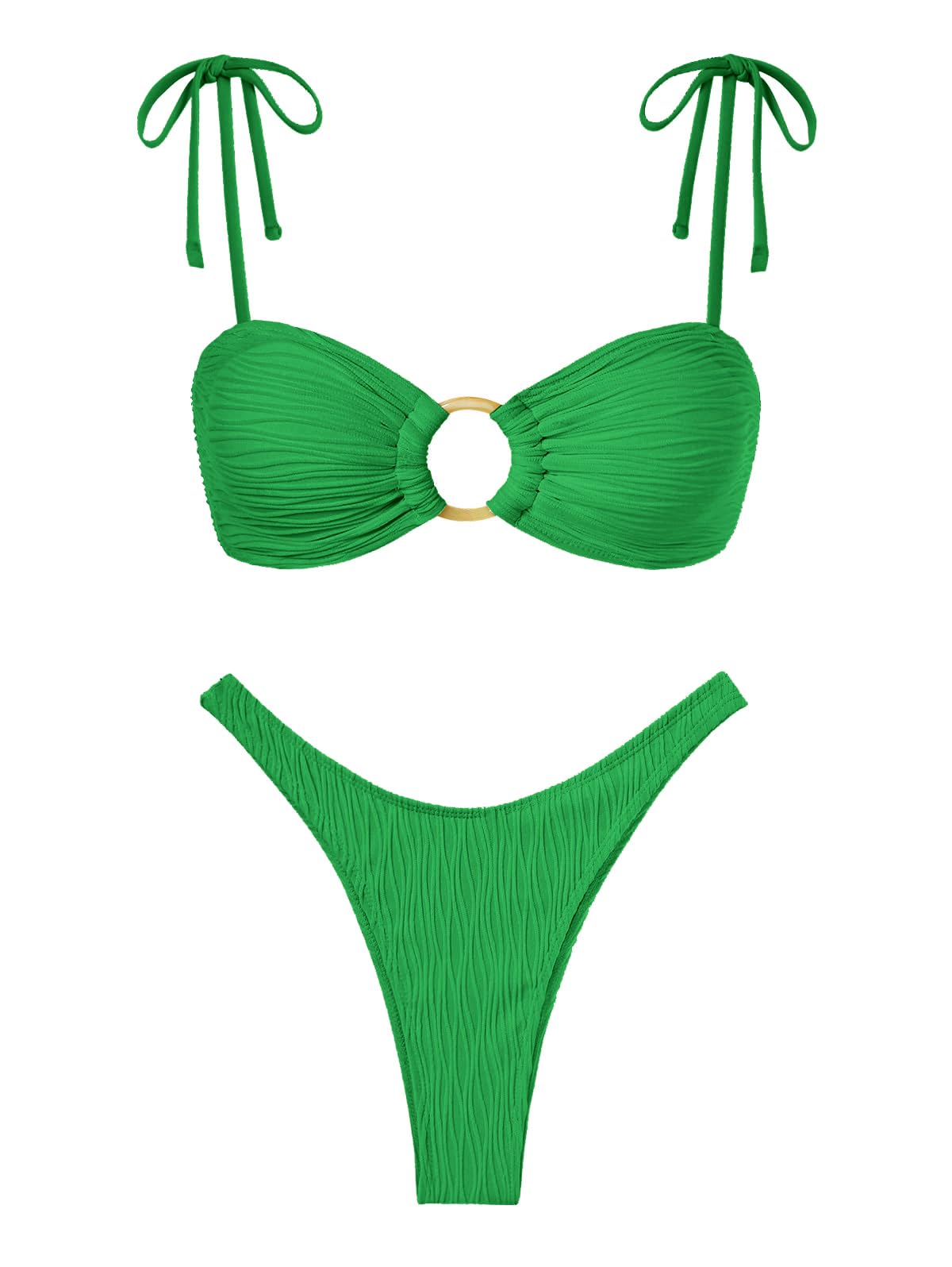 ZAFUL Women's Sexy Tie Spaghetti Strap Bikini Textured O Ring Ruched High Leg Swimsuit Cheeky Bathing Suits (1-Green, S)