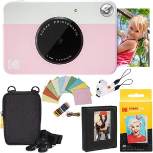 Kodak Printomatic Instant Camera Bundle (Pink) Zink Paper (20 Sheets) - Case - Photo Album - Hanging Frames.