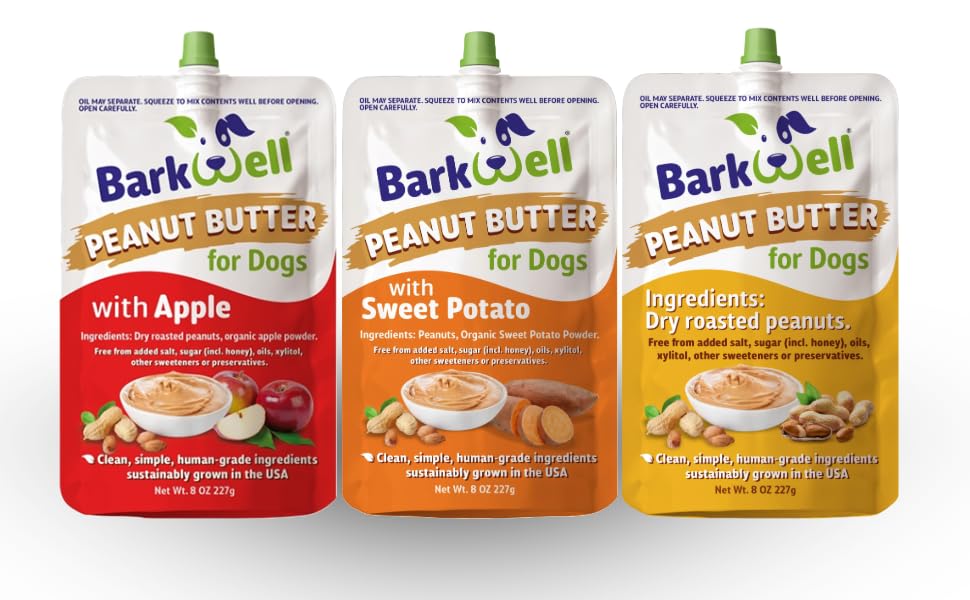 BarkWell Peanut Butter Squeeze Variety Pack 3 Pack (24 oz)- All-Natural Dog Peanut Butter for Dogs Dog Treat Sourced and Made in The USA