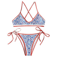 ZAFUL Bohemian Tie Whip Stitch Print Cross Bikini Spaghetti Strap Swimwear