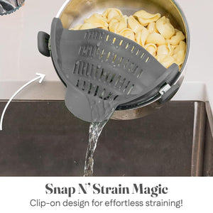 Kitchen Gizmo Snap N' Strain - Silicone Pasta Strainer Clip-On for Pots and Pans - Heat Resistant Colander for Vegetables and Noodles - Kitchen Gadgets for Cooking - Space-Saving Design - Grey