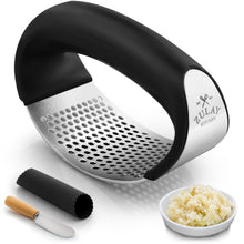 Zulay Stainless Steel Garlic Press Rocker Set - Premium Garlic Mincer Garlic Crusher - New Innovative Garlic Crusher with Peeler and Scraper - Comfortable Grip (Black)