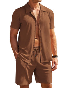 COOFANDY Mens Beach Outfits Sets Knit Shirts Short Sleeve Two Piece Outfits Sets Summer