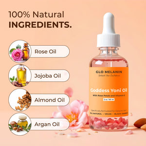 Glo Melanin Yoni Oil Wash for Women pH Balance and Wetness, Vaginal Oil or Feminine Oil for Ingrown Hair with Rose Petals, Almond Oil, Vitamin E Jojoba Oil Herbal Blend for Yoni Care (2 oz / 60ml)