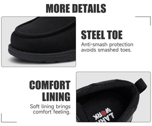 LARNMERN Steel Toe Loafers Women Slip On Canvas Shoes Work Safety Tennis Shoe Lightweight Walking Sneakers(8.5 Women, Black)