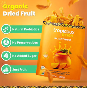 Organic Dried Mango No Sugar Added, 3oz, Pack of 6 (18oz Total) - Tasty and Nutritious Non-GMO Dried Mangoes - No Preservatives or Chemicals - Ideal Snack for Kids & Adults by Tropicaux Reign