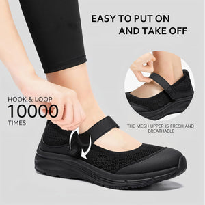 LARNMERN Wide Toe Box Shoes Women Mary Jane Non Slip Diabetic Shoes Mesh Breathable Nurse Walking Slip On Work Flats Food Service Ladies Adjustable Bare Foot Shoes (Black,9)