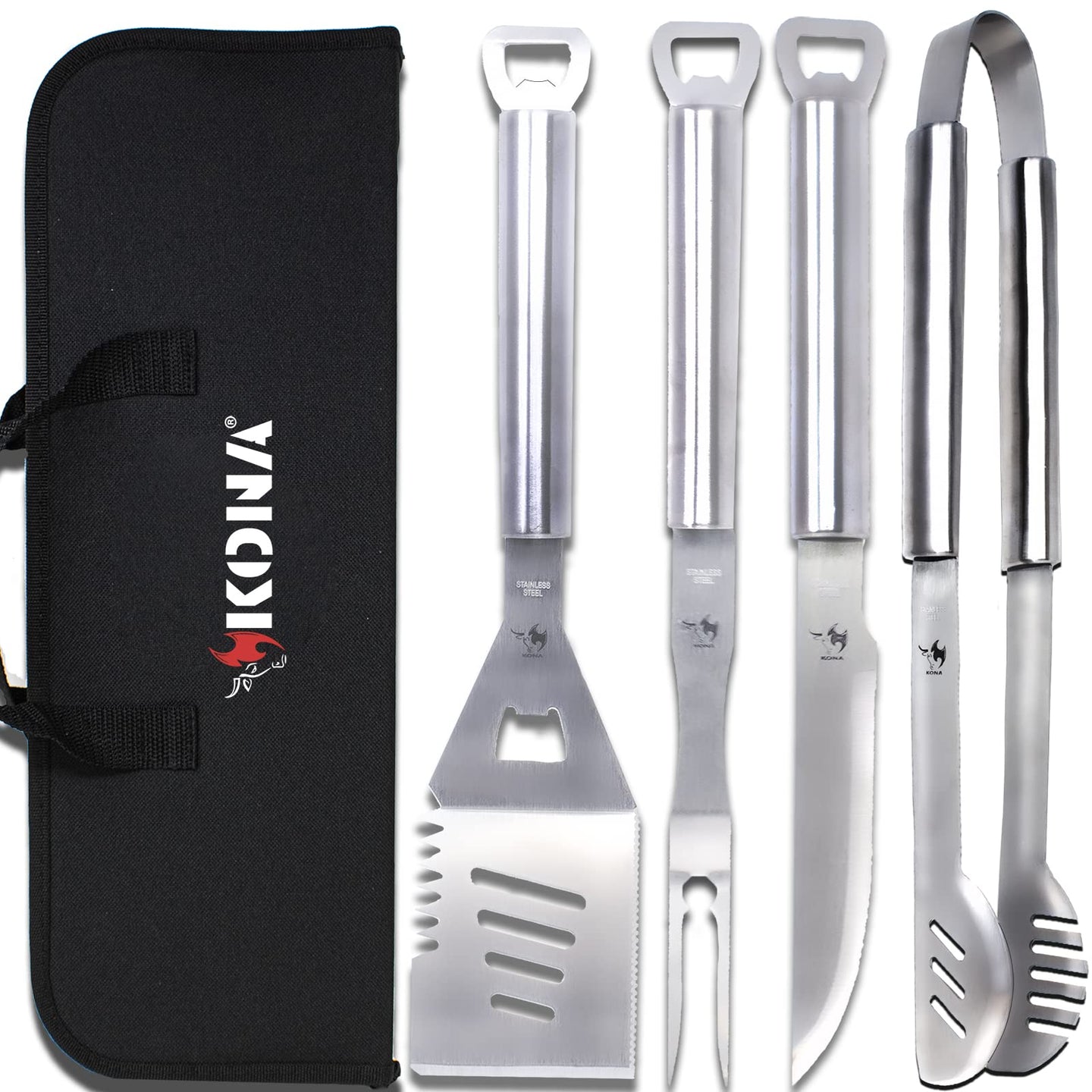 KONA BBQ Grill Tools Set with Case - 18 inches Long to Keep Hands Away from Heat, Premium Stainless Steel Grilling Utensils with Bottle Opener Handles - Makes A Great Gift