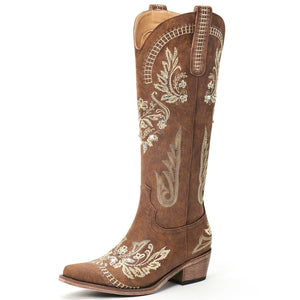 Dixhills Brown Cowboy Boots for Women - Wide Calf Knee High Cowgirl Boots, Glitter Sparkly Rhinestone Western Country Boots with Classic Embroidery, Pointed Toe Pull On Zipper Retro Boots Size 8.5