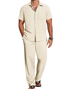 COOFANDY Men Beach Outfits Summer Linen Outfits Sets Loose Long Pants Vacation Outfits Sets 2 Piece Walking Suits
