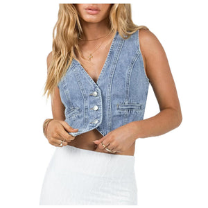 HOXIJIA Women Vintage Y2K Denim Vest Sleeveless V Neck Button Crop Jean Waistcoat Vest Retro Streetwear Going Out Tank Top(Blue, M)