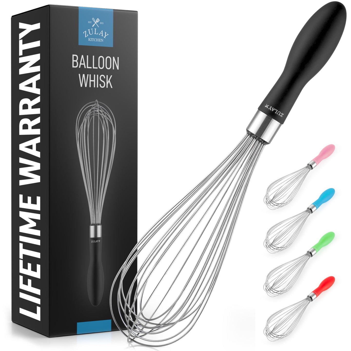 Zulay 11-Inch Stainless Steel Whisk - Balloon Whisk Kitchen Tool With Soft Silicone Handle - Thick Durable Wired Whisk Utensil For Blending, Beating, Whisking, Frothing, Stirring & More (Black)