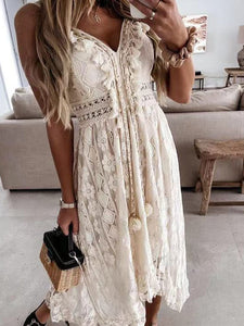 CUPSHE Women's Summer Dresses Sleeveless Lace Casual Tassel Beach Spaghetti Straps Flowy Maxi Sun Dress Beige, M