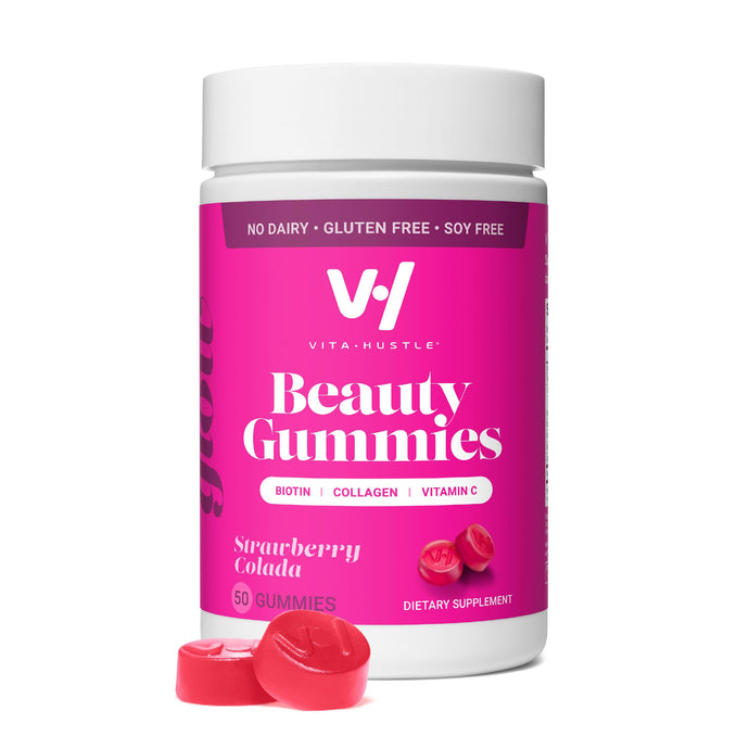 VitaHustle Beauty Gummies, 2500 mcg Biotin, 100 mg Collagen, Vitamin C, B-Complex, Strong Hair, Skin Nails, Low Sugar, Non GMO, Strawberry Colada, 50 Count